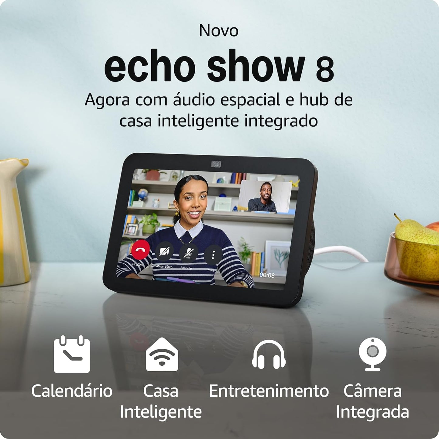 Novo Echo Show 8 (3ª geração) | Smart display com áudio espacial, hub de casa inteligente e Alexa