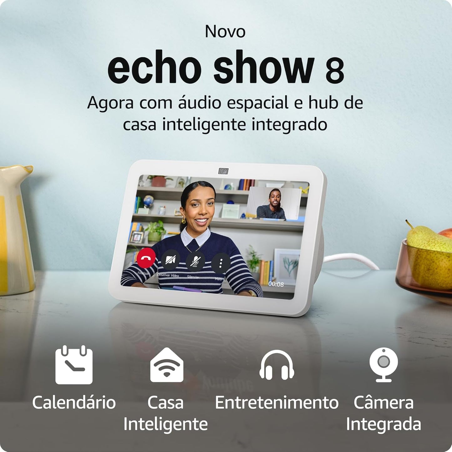 Novo Echo Show 8 (3ª geração) | Smart display com áudio espacial, hub de casa inteligente e Alexa