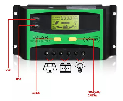 Controlador De Carga Painel Solar Pwm 20a 12v Ou 24v Usb Lcd